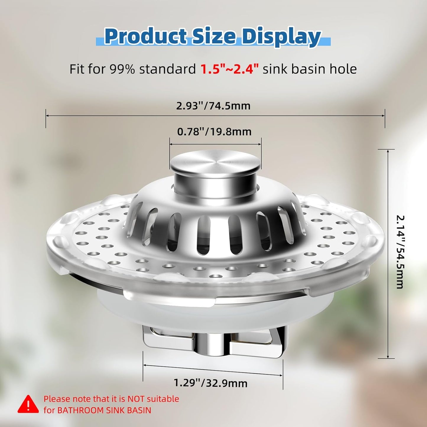 Universal Bathtub Drain Stopper Shower Drain Hair Catcher, Tub Stopper with Visible Top Strainer, Upgraded 3 in 1 Pop-up Drain Plug Fit for 1.5 to 2.4" Hole, Stainless Steel Filter Basket, Chrome