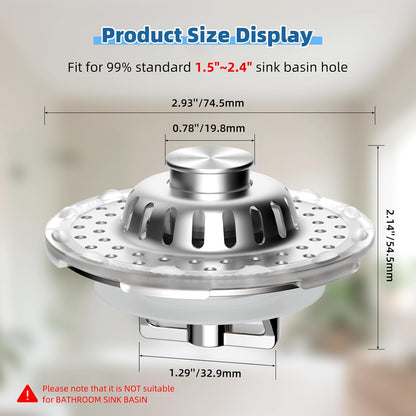Universal Bathtub Drain Stopper Shower Drain Hair Catcher, Tub Stopper with Visible Top Strainer, Upgraded 3 in 1 Pop-up Drain Plug Fit for 1.5 to 2.4" Hole, Stainless Steel Filter Basket, Chrome