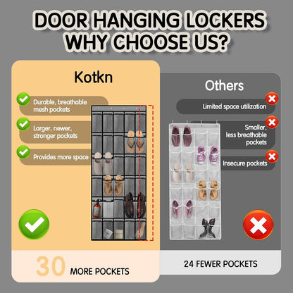 Kotkn Over the Door Shoe Organizer with 30 Breathable Mesh Pockets - Large Capacity Closet Storage for Men & Women, Hanging Shoe Rack Organizer (Gray)