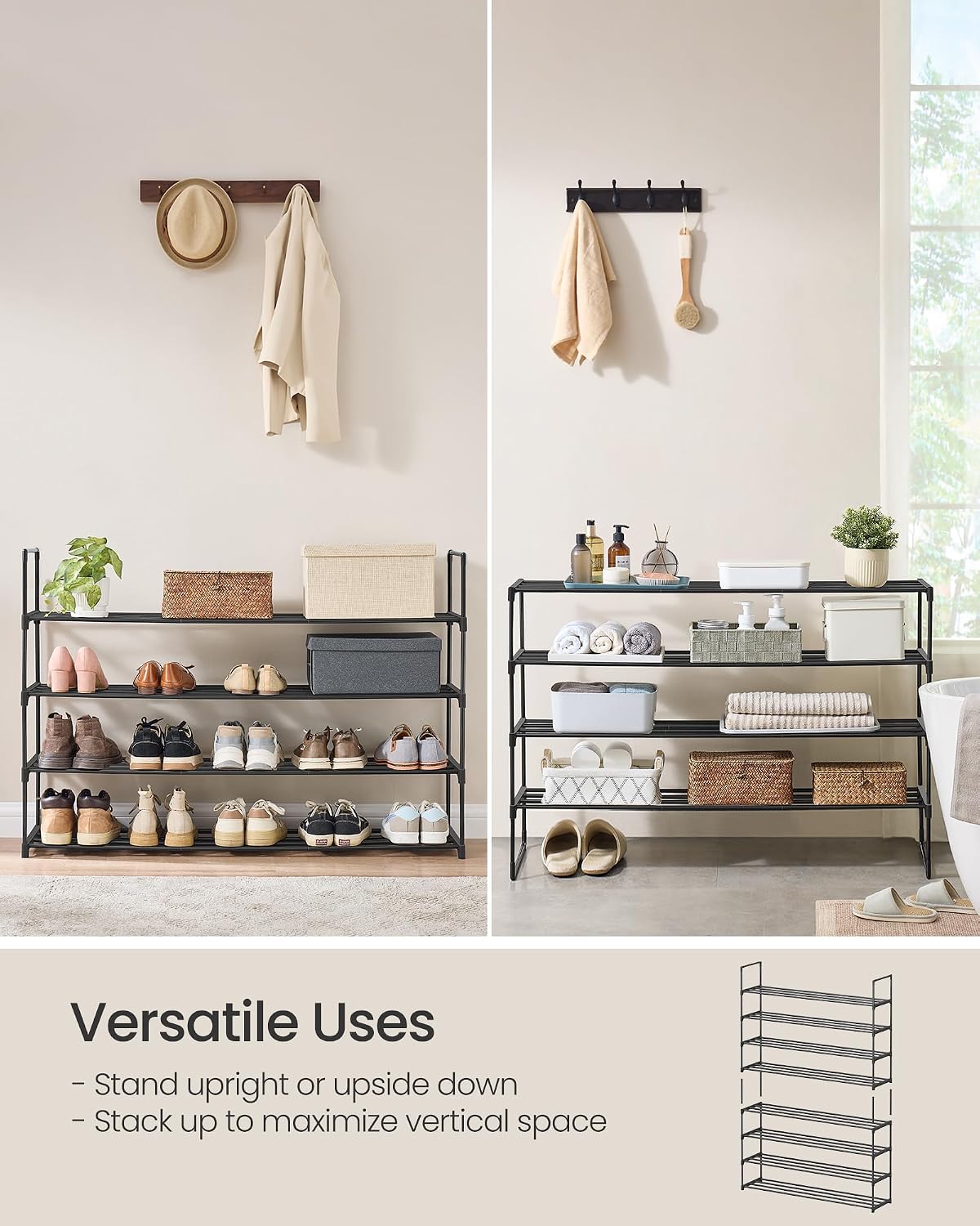 SONGMICS Shoe Rack, 6-Tier Shoe Organizer, Metal Storage Shelf, Upright or Upside Down, for 24-30 Pairs, Stackable, for Entryway, 11.8 x 36.2 x 42.7 Inches, Black ULSA306BH01