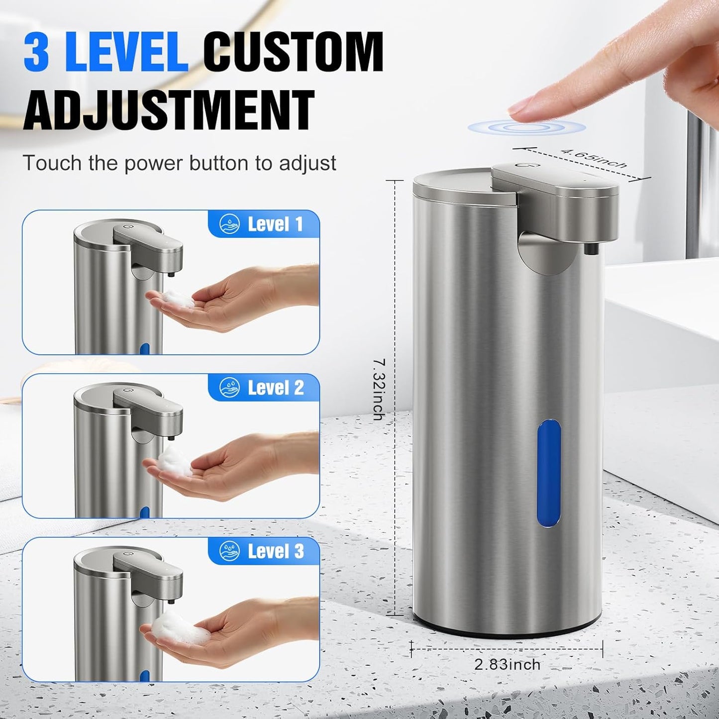 Fantictas Automatic Foaming Soap Dispenser Touchless, Stainless Steel 11.5 oz 3 Levels Adjustable Hand Soap Dispenser with Rechargeable Sensor Pump for Kitchen & Bathroom Liquid Soap