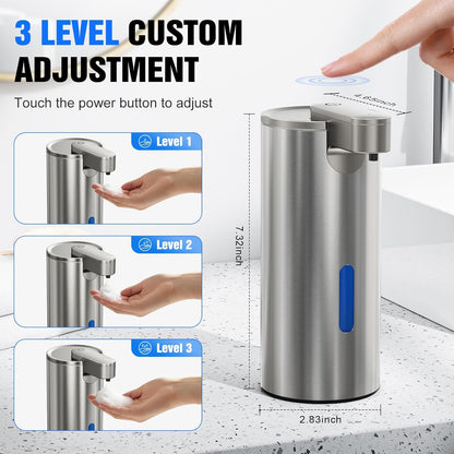 Fantictas Automatic Foaming Soap Dispenser Touchless, Stainless Steel 11.5 oz 3 Levels Adjustable Hand Soap Dispenser with Rechargeable Sensor Pump for Kitchen & Bathroom Liquid Soap
