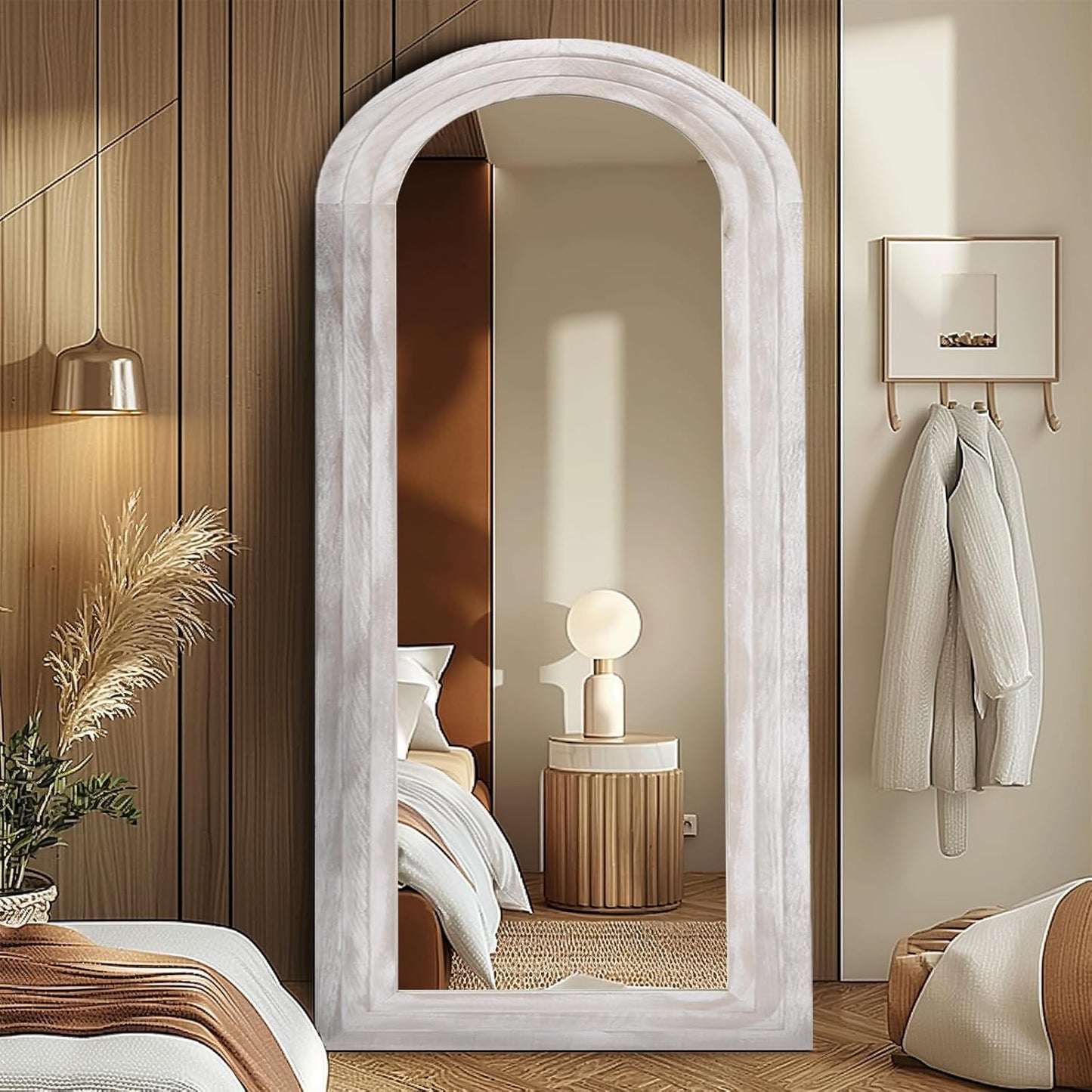 ZHUNFA Arched Full Length Mirror with Solid Wood Frame | 65x22 Farmhouse Wall Mirror Full Length with Stand, Vertical Hanging, Leaning Standing for Bedroom,Living Room, Rustic White