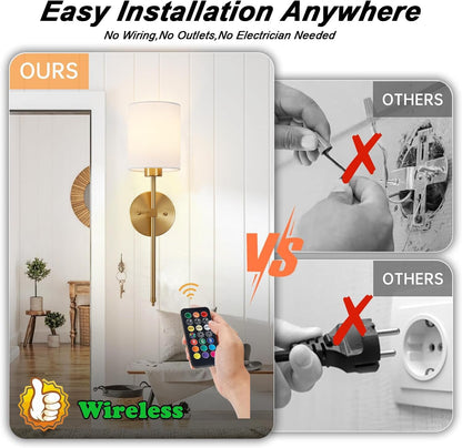 Battery Operated Wall Sconce Set of 2, Brushed Gold Rechargeable Wall Lights with Remote Control and Dimmable LED Bulbs, 13 Light Colors Wireless Wall Lamps for Bedroom Living Room Hallway (Gold)