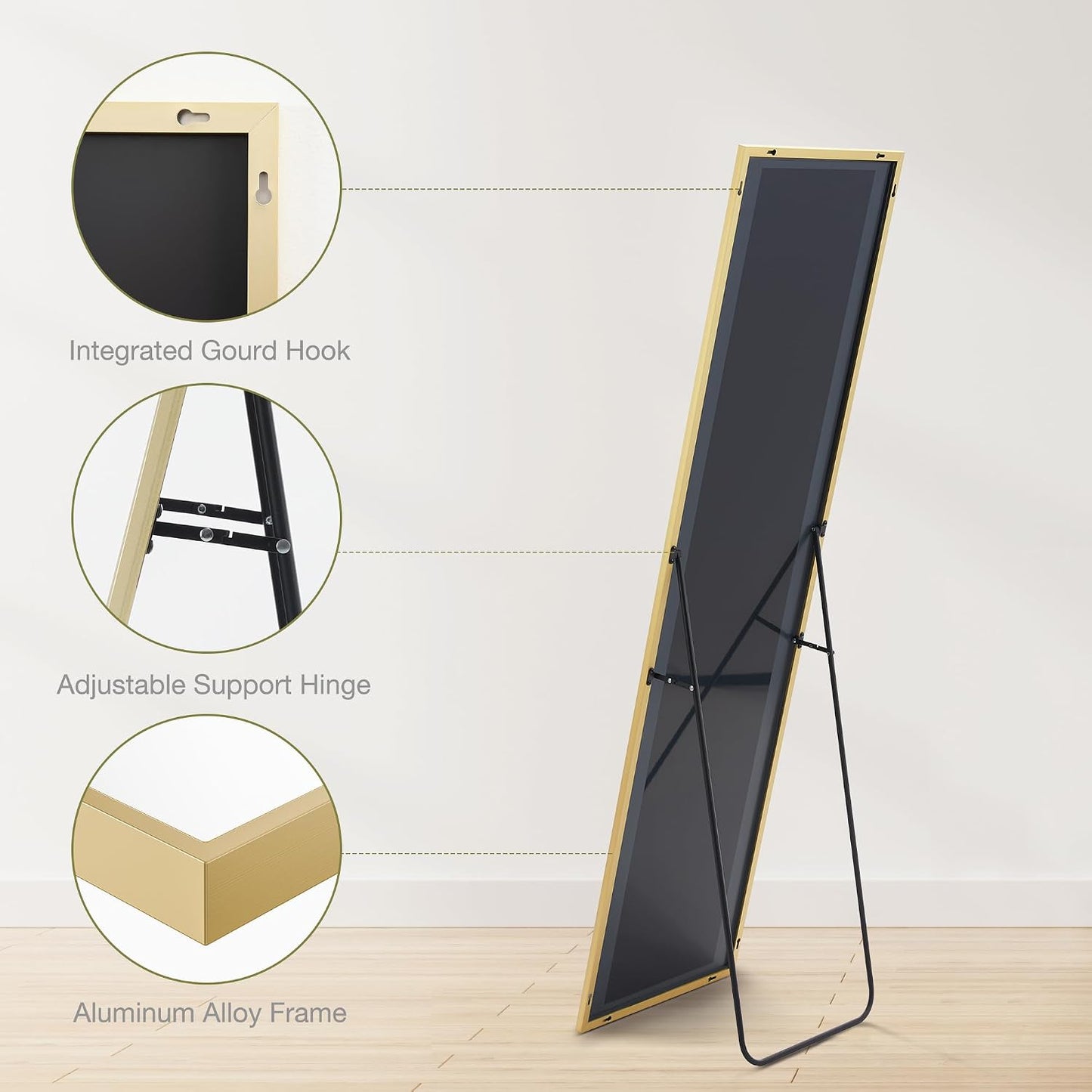 DUMOS 64"x21" Arched Full Length Floor Mirror, Full Body Mirror with Stand, Shatterproof Tempered Glass, Modern Aluminum Alloy Frame, Free Standing or Leaning for Home Decor, Gold