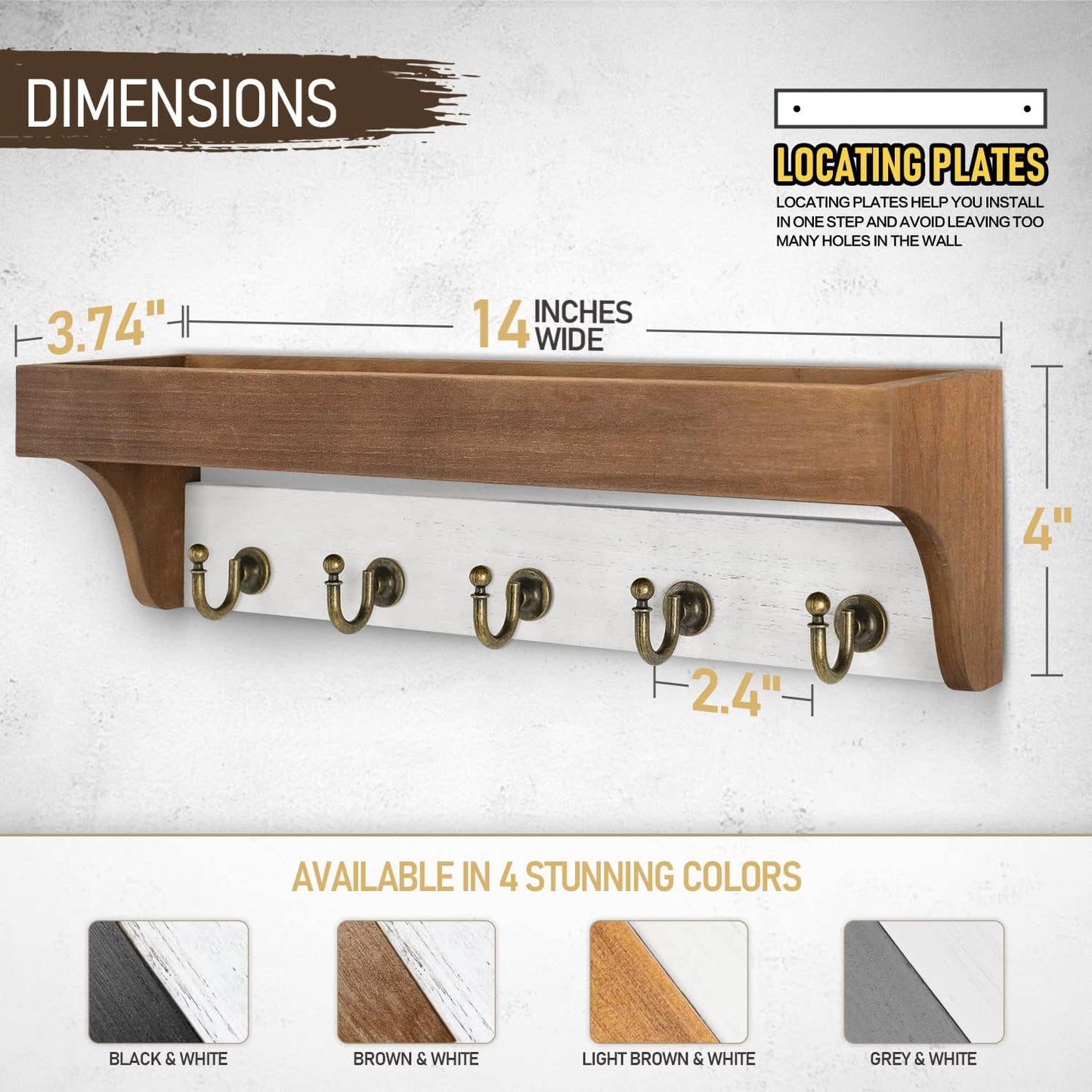Rebee Vision Farmhouse Key Holder for Wall - Decorative Wooden Mail Organizer with 5 Rustic Key Hooks and Floating Shelf for Home Decor, Hallway, Entryway, Appartment (Retro Brown)