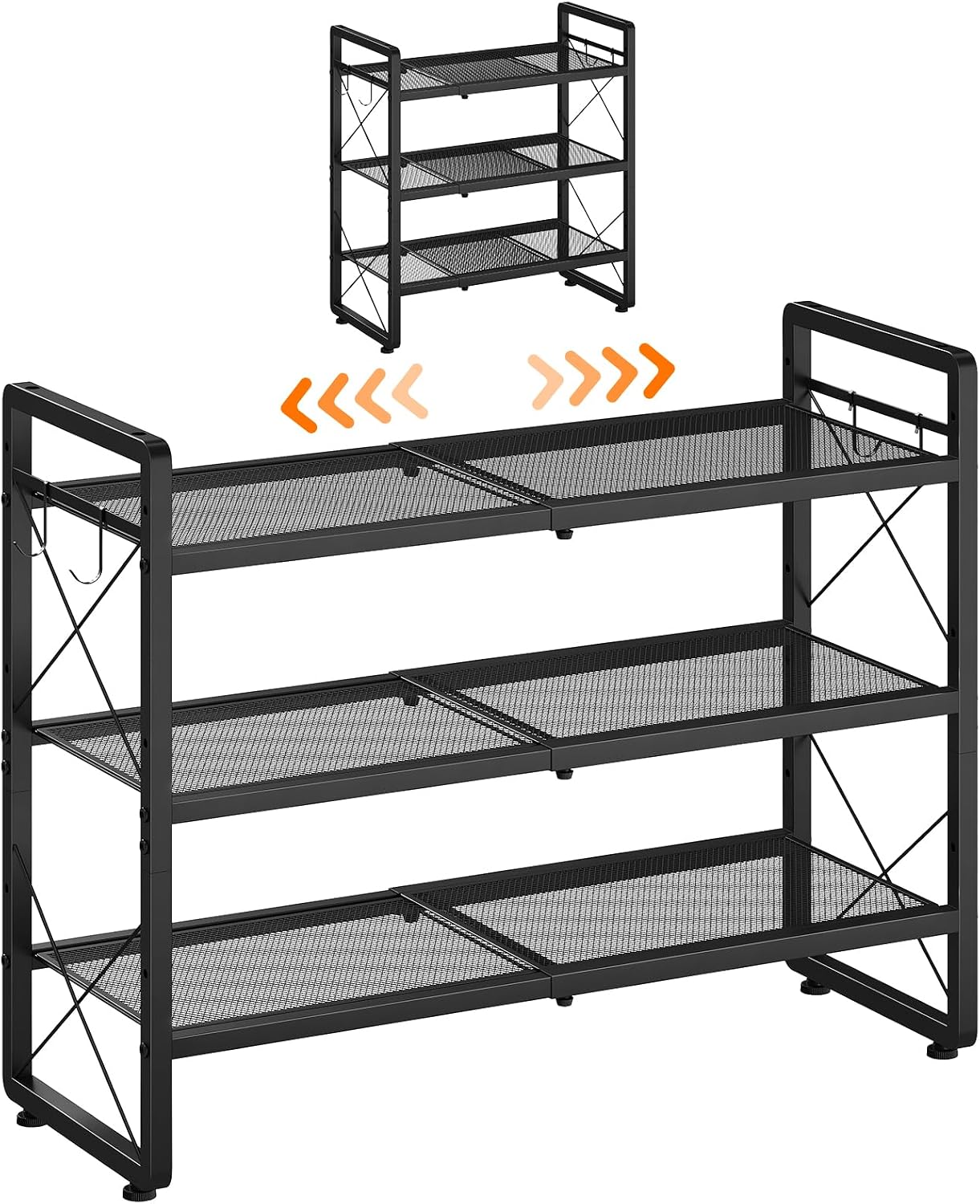 ELYKEN Shoe Rack, 2-Tier Expandable Shoe Organizer for Closet, Metal Black Shoe Shelf with 4 Hooks, Adjustable Shoe Stand Holder for Entryway, Garage, Door Entrance