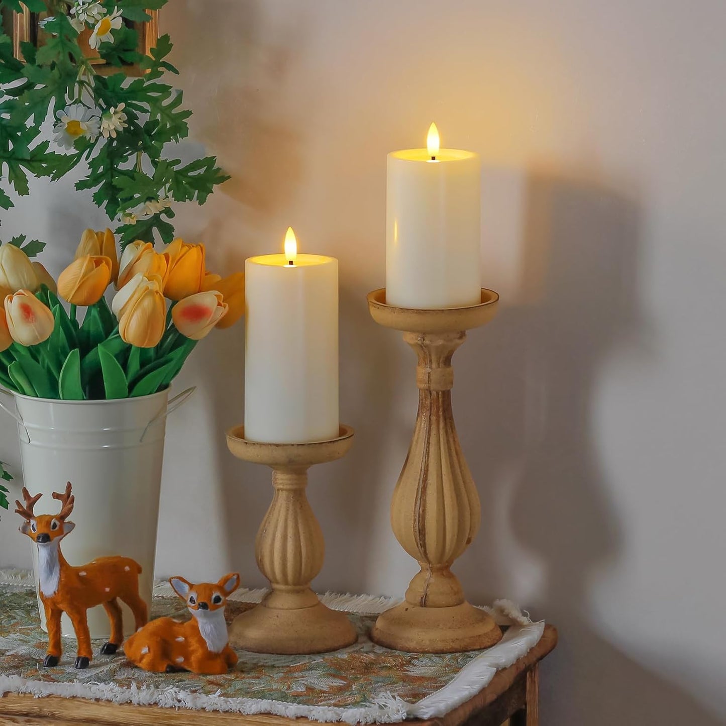 Yeelida Outdoor 4pcs Flameless Waterproof Candles with Handy Remote Control, Cycle Timer Battery Operated Candle Grease Effect LED Flickering Pillar Plastic Long Lasting (White, 3" x4" 5" 6" 7")