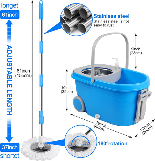 Mop Bucket with Wringer Set, Extended Stainless Steel Handle, 3 Microfiber Replacement Mop Head Refills, 2 Wheels for Household Cleaning, Hardwood Floor Tiles, Blue/Gray
