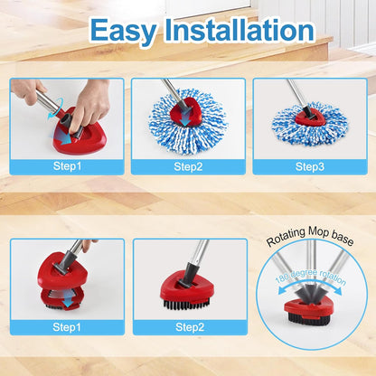 Spin Mop Handle,Mop Replace Heads,Brush and Base Compatible with O Cedar EasyWring 1 Tank,2 Microfiber Mop Refills and Brush,4-Section 30-58" Mop Handle,Mop Base Combo Set for Wet/Dry Floor Cleaning