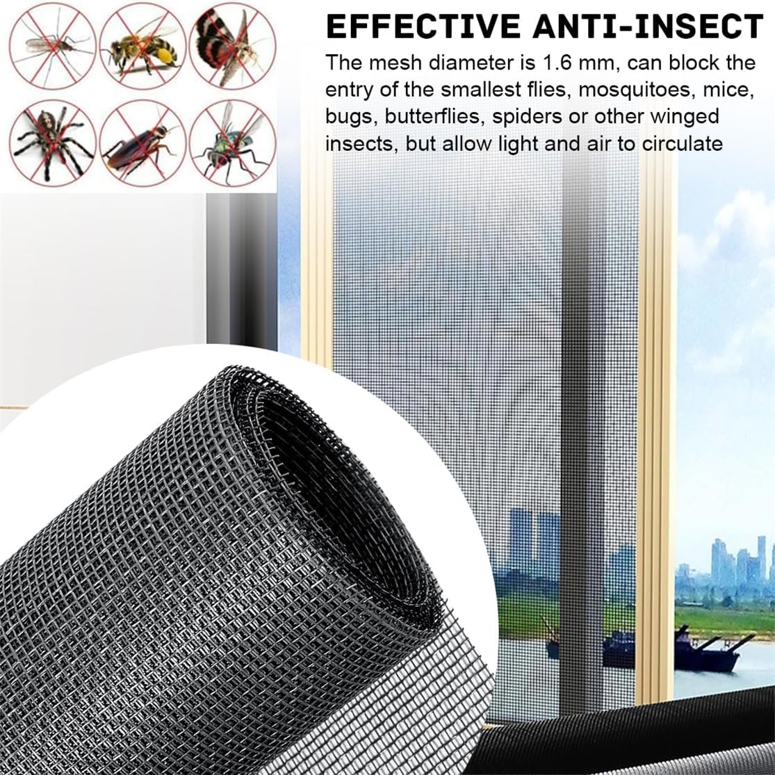 Pet Proof Window Screen Replacement Adjustable Fiberglass Screen Repair Kit 47.2 x 98.4 Inch Insect Screen Net Sliding Mesh Roll for Door Patio Porch Windows