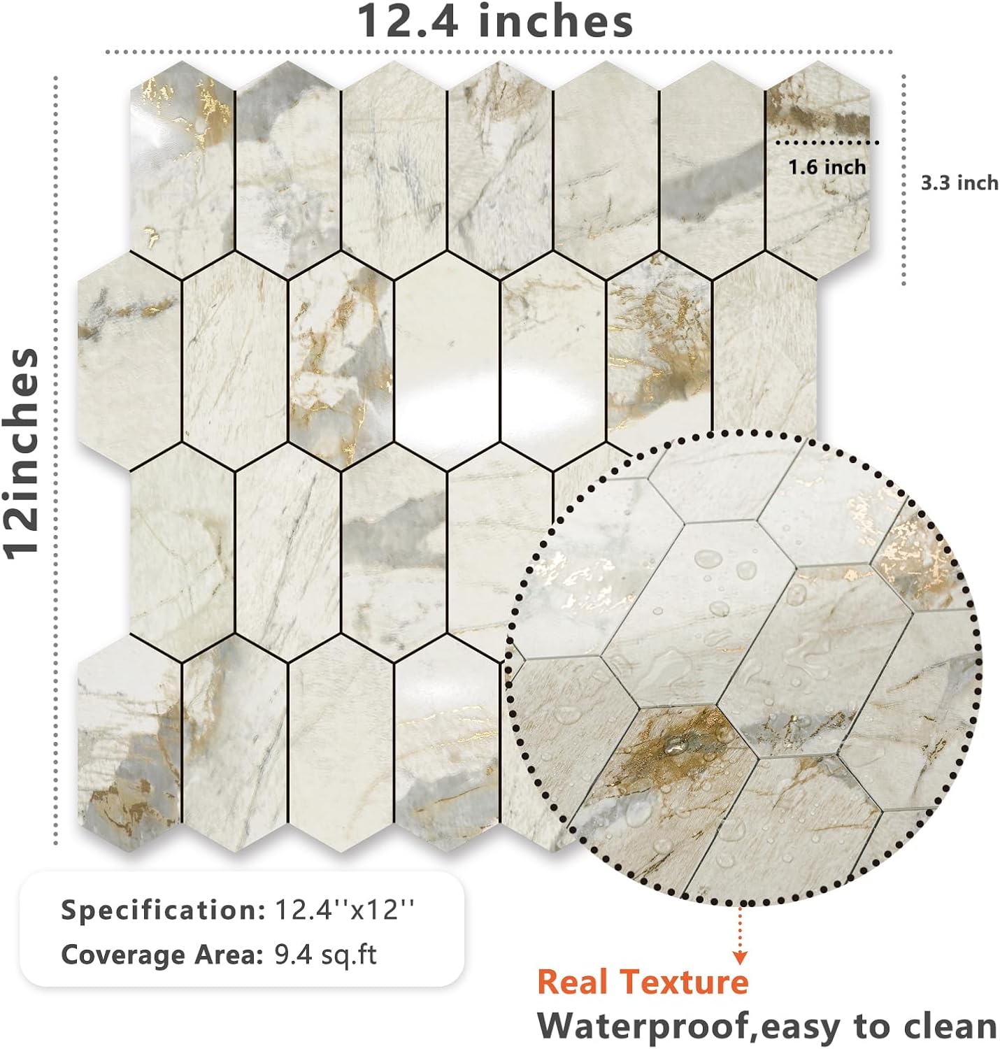 Vamos Tile Long Hexagon Peel and Stick Backsplash Tile - 10 Sheets Stick on Backsplash for Kitchen and Bathroom 12.4 x 12 Inch Glossy Wood Grain PVC Self Adhesive Mosaic Wall Tiles