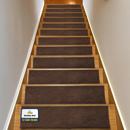 Muddy Mat® Pack of 4 - Soft Chenille Stair Treads Non-Slip Reusable, Super Absorbent Stair Treads for Wooden Steps, Tile & Marble Floor, Easy to Install & Machine Washable - Brown 30'' x 7''