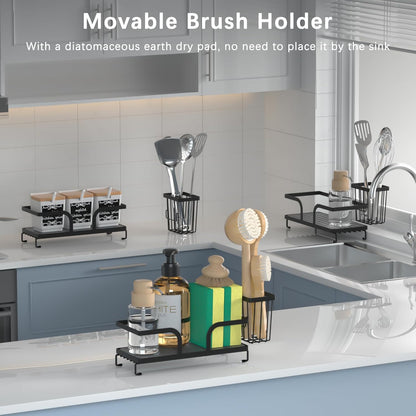 Sponge Holder for Kitchen Sink,Sink Caddy Organizer With Stone Drying Tray, Stainless Steel Kitchen Countertop Organizer for Sponge Soap Dispenser Black