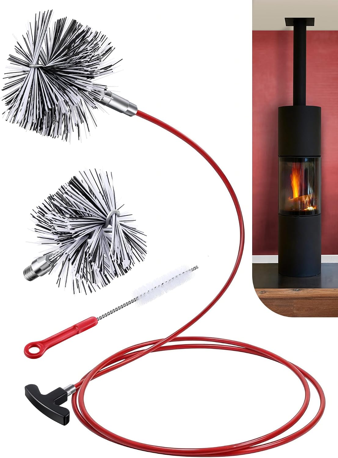 Feekoon Pellet Stove Cleaning Kit, 10 FT Flexible Steel Rod with 3" Brush Head, Flue Detail Cleaner, Pellet Stove Accessories for Vent Pipes Cleaning - Reduce Buildup & Improve Airflow