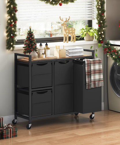 HOOBRO Laundry Sorter with 4 Section, 34 Gal. (127 L) Laundry Hamper with Wheels, Rolling Laundry Basket with Shelves, Pull-Out Detachable Bags, Side Pockets, White, Natural and Beige WNE14XY01N1