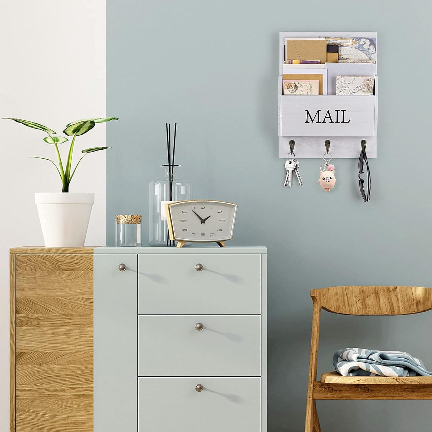 DLQuarts Mail Organizer with Key Holder for Wall, Mail Sorter Wall Mounted, Decorative Wooden Key and Mail Holder with 3 Hooks, Black