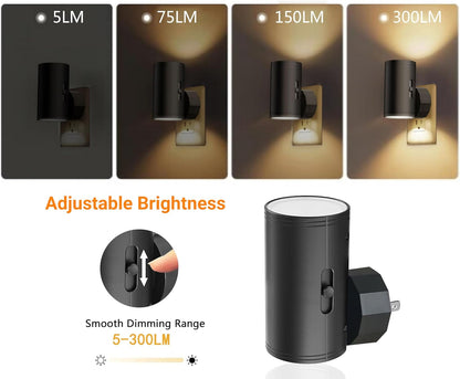 TSEXES LED Night Lights Plug into Wall, Dusk to Dawn Sensor,5-300LM Adjustable Brightness, Soft White 3000K,Dimmable Night Lights for Kitchen,Hallway Bedroom,Stairs, 2 Pack