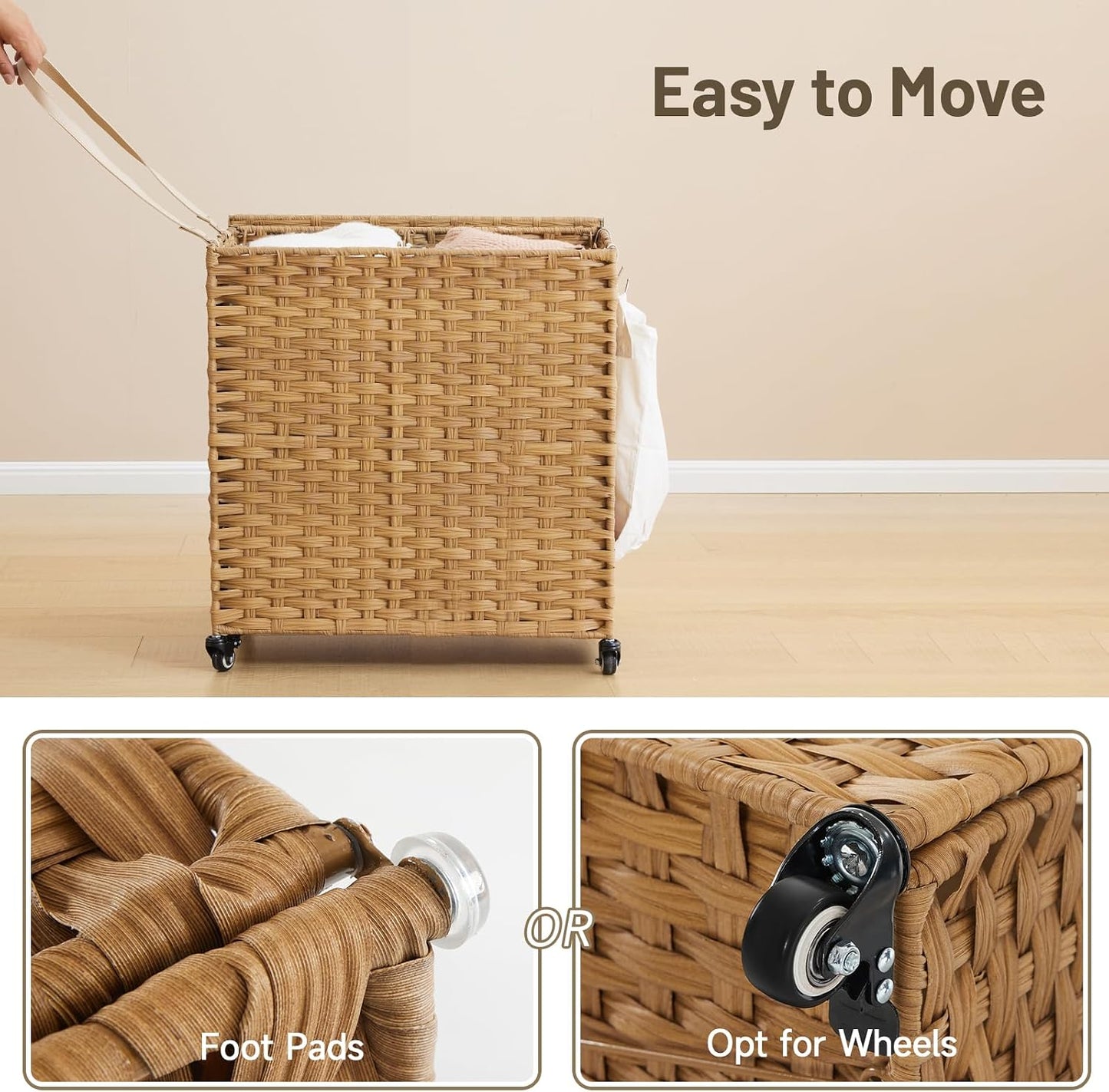 Laundry Hamper with Wheels, 52.8 Gallon(200L) Rolling Laundry Basket with Lid, Removable Large 3 Color Liners & 3 Mesh Laundry Bags, Clothes Hamper with Side Pocket, Natural
