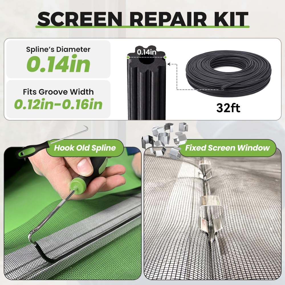 King&Charles Screen Repair Kit,5-in-1 Screen Roller Tool,0.14inx32ft Spline | Steel/Nylon Roller, 8 Clips, Hook Screen Door Repair Kit, Window Mesh, Window Screens, Patio and RV Mesh Replacement