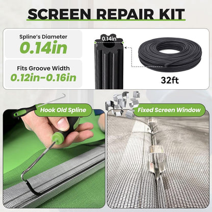 King&Charles Screen Repair Kit,5-in-1 Screen Roller Tool,0.14inx32ft Spline | Steel/Nylon Roller, 8 Clips, Hook Screen Door Repair Kit, Window Mesh, Window Screens, Patio and RV Mesh Replacement