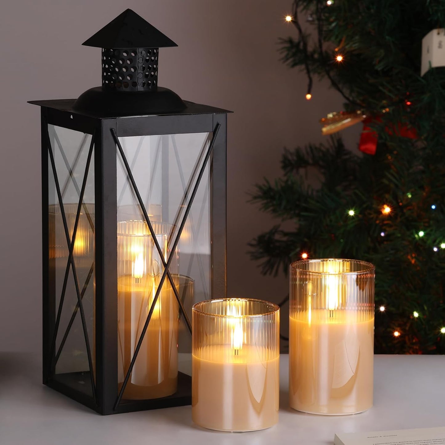 Eywamage Smoke Grey Ribbed Glass Flameless Pillar Candles with Remote, Flickering LED Wax Candles Battery Operated Set of 3