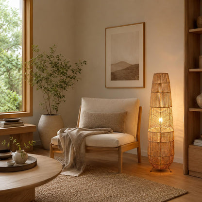 MIXL-Farmhouse Style Bamboo Floor Lamp,Large Wicker Indoor Floor Light,Boho Standing Light Plug in,Modern Minimalist Standing Lamp for Living Room Bedroom