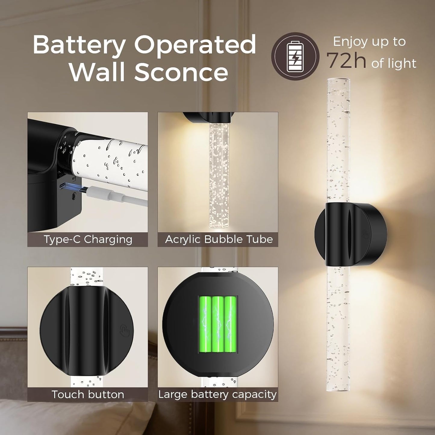 Peel and Stick on Battery Operated Wall Sconces Set of 2, Gold Wireless Magnetic Rechargeable Wall Lights with Remote & Touch Control, No Drill 3CCT Dimmable Wall Lamp for Bedroom Living Room Decor