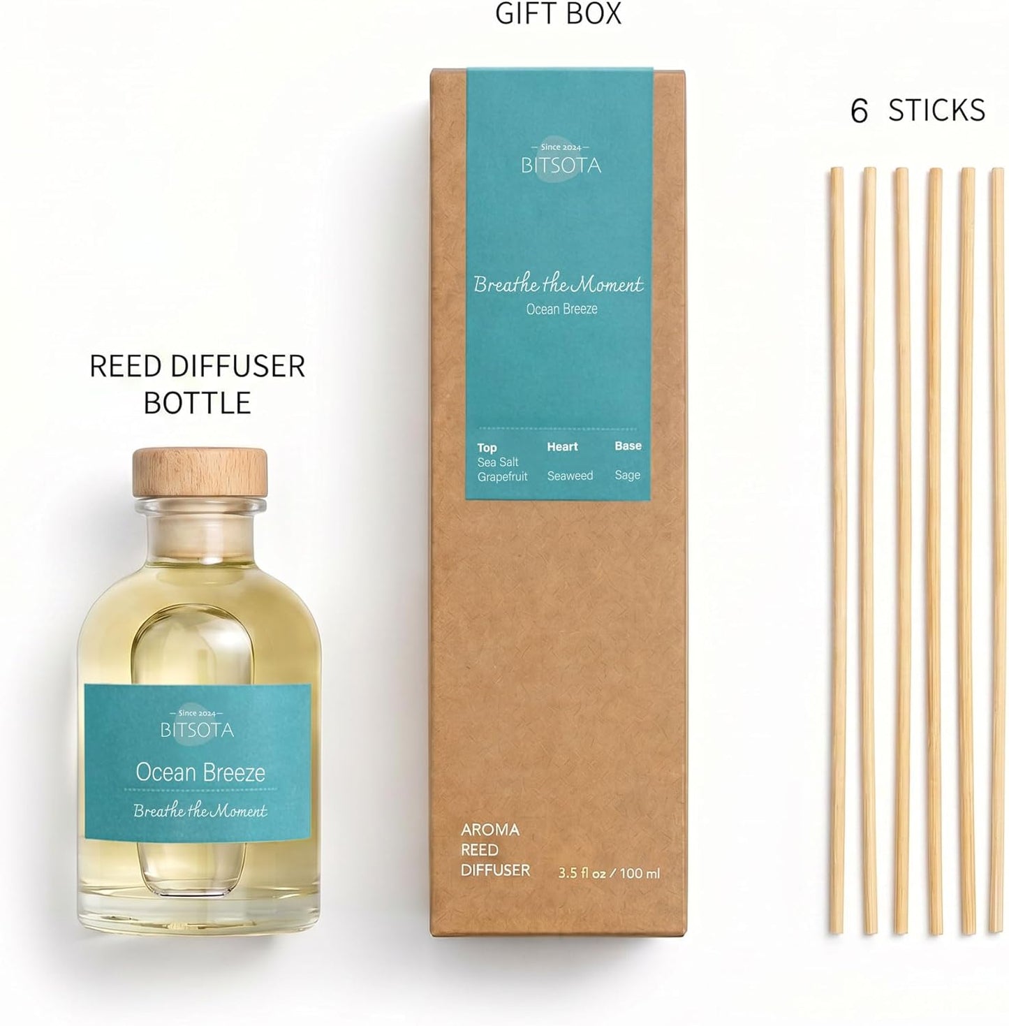Natural Reed Diffuser Set, Fresh Lemon 3.52 oz (100ml) Scented Diffuser with Sticks Home Fragrance Reed Diffuser for Bathroom Shelf Decor, Ideal Gift for Woman