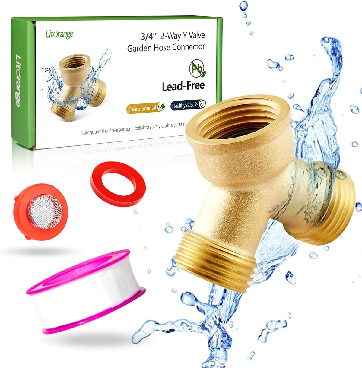 Litorange 1 PCS Lead-free Brass Body Backyard 2 Way Y Valve Garden Hose Connector MHT 3/4" Inch Thread Splitter Adapter + 2 Rubber Hose Washers