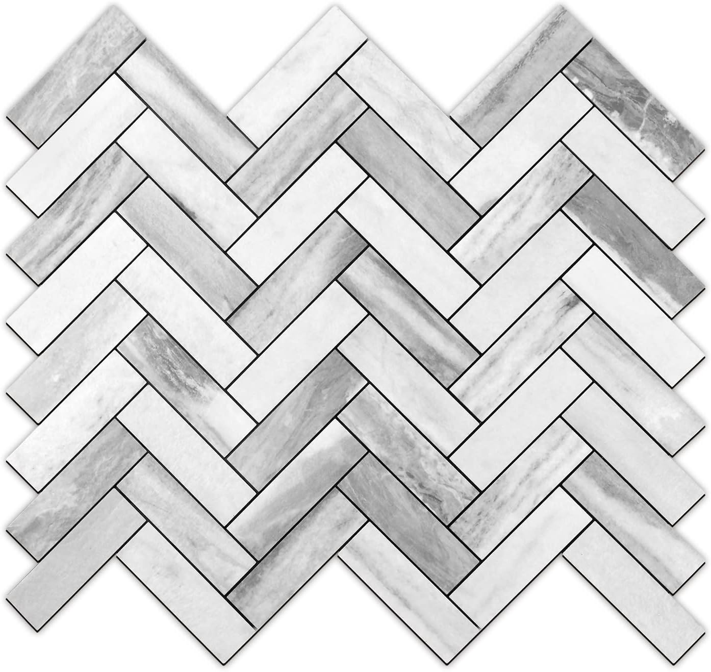 STICKGOO 10 Sheets Herringbone Peel and Stick Backsplash, Stick on Aluminum Composite PVC Kitchen Backsplash, Marble White Mixed Light Grey Look Self Adhesive Wall Tiles