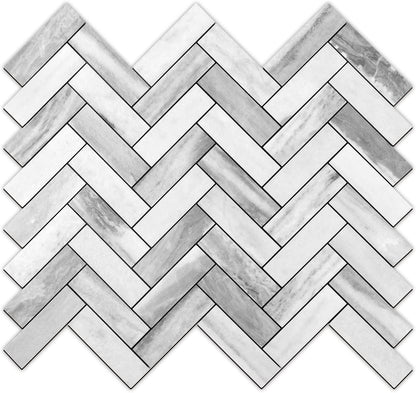 STICKGOO 10 Sheets Herringbone Peel and Stick Backsplash, Stick on Aluminum Composite PVC Kitchen Backsplash, Marble White Mixed Light Grey Look Self Adhesive Wall Tiles