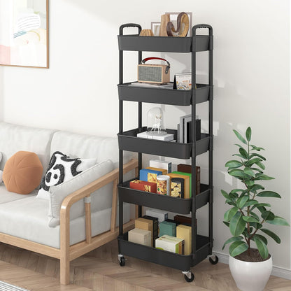 Sywhitta 4-Tier Plastic Rolling Utility Cart with Handle, Multi-Functional Storage Trolley for Office, Living Room, Kitchen, Movable Storage Organizer with Wheels, Black