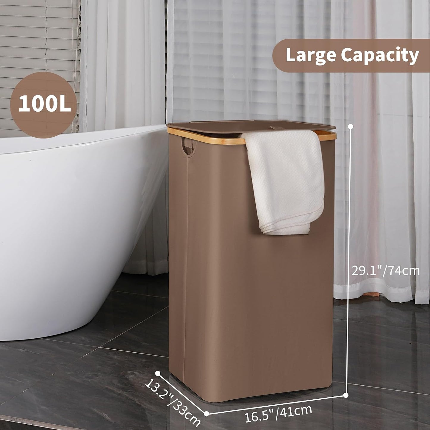 efluky Slim Laundry Basket with Lid, Narrow Laundry Hamper with Removable Bag, Skinny Dirty Clothes Basket with Bamboo Handles for Bathroom, Bedroom & Laundry Room, 75L Beige