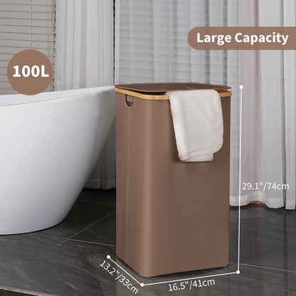 efluky Slim Laundry Basket with Lid, Narrow Laundry Hamper with Removable Bag, Skinny Dirty Clothes Basket with Bamboo Handles for Bathroom, Bedroom & Laundry Room, 75L Beige