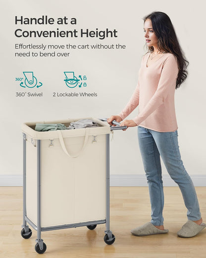 SONGMICS Laundry Basket with Wheels, 3-Section Rolling Laundry Hamper, 52.8 Gallons (200 L), Removable Liner, Steel Frame with Handle, 35.8 x 15.4 x 31.9 Inches, Cream White URLS005W01