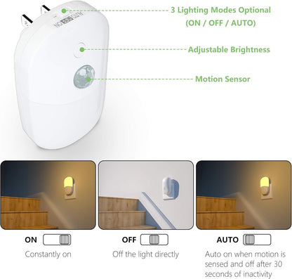 MAZ-TEK Plug in Motion Sensor Dimmable Night Light, Soft Warm White LED Nightlight with Dusk to Dawn Motion Sensor, Adjustable Brightness for Bedroom, Bathroom, Kitchen, Hallway, Stairs,2 Pack