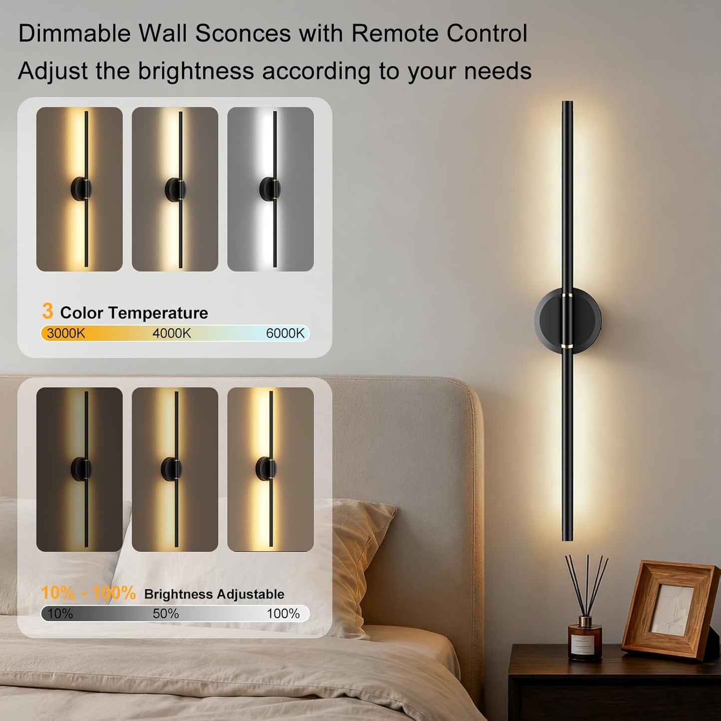 Battery Operated Wall Sconces Set of 2, Dimmable 6000mAh Rechargeable Wall Lights, LED Wall Lamp with Remote Control