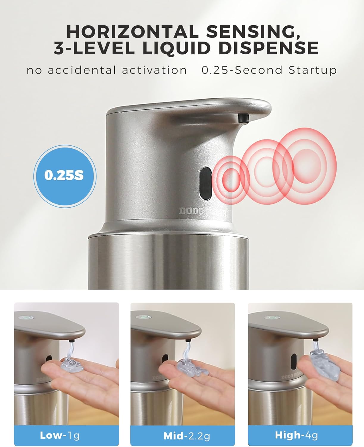 Automatic Liquid Soap Dispenser Touchless, 304 Stainless Steel Bottle Body &16.2oz/480ml Rechargeable, 3 Adjustable Liquid Levels, IPX7 Waterproof, for Kitchen Bathroom, Stainless Steel