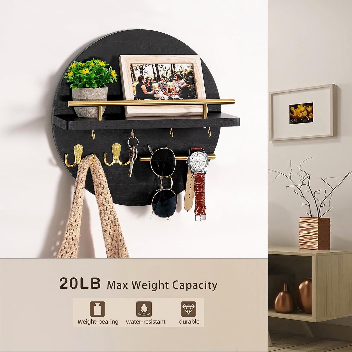 dreampossible Key Holder for Wall Decorative with Shelf and Hooks, Mail Organizer Wall Mount, Circular Design Entryway Key Rack Hanger, Rustic Home Decor (Black)