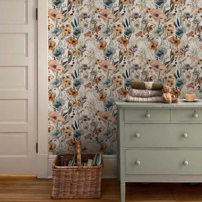 MuralPeel White/Pink/Gold Floral Garden Black Blue Flowers Vintage Peel and Stick Wallpaper Self Adhesive Removable Easy Peel Off Contact Paper Stick on Wall Paper for Bedroom Cabinet Renter Friendly