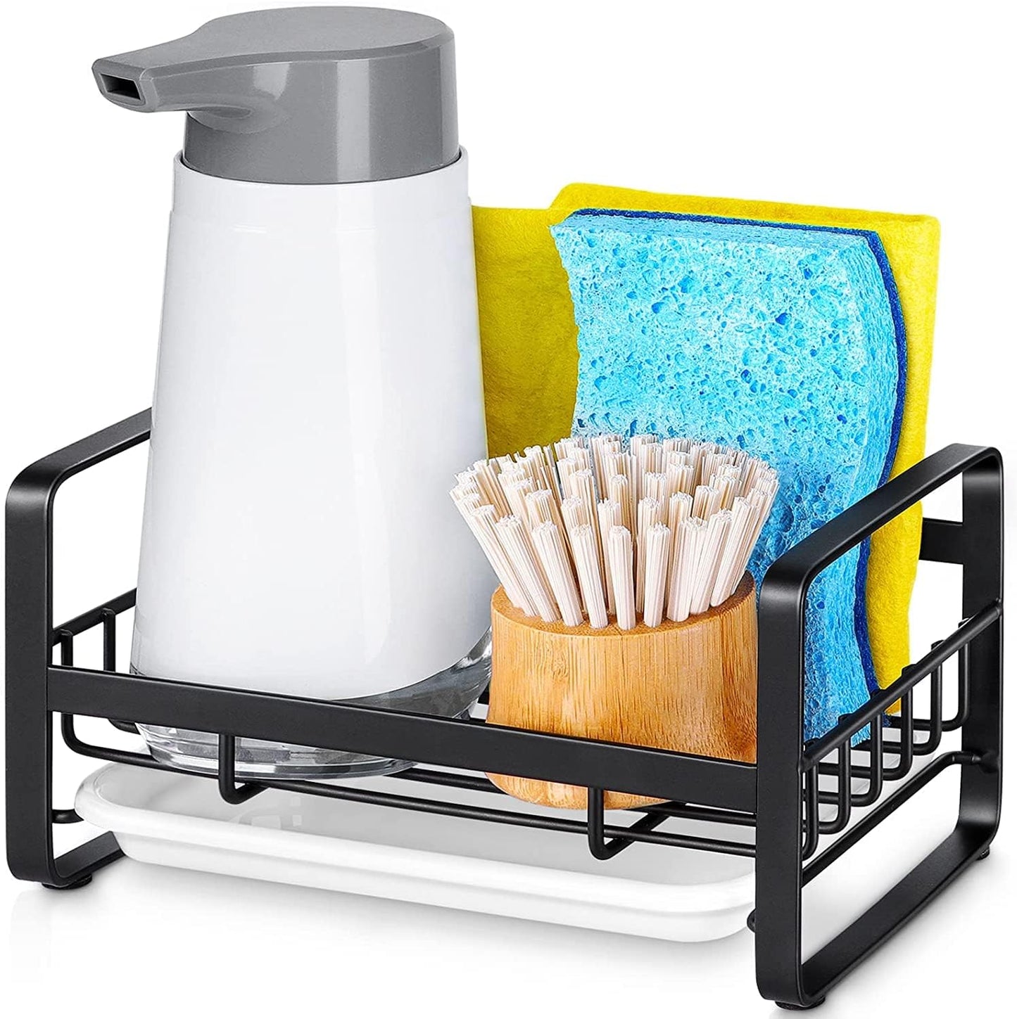 HULISEN Kitchen Sink Sponge Holder, 304 Stainless Steel Kitchen Soap Dispenser Caddy Organizer, Countertop Soap Dish Rack Drainer with Removable Drain Tray, not Including Dispenser and Brush