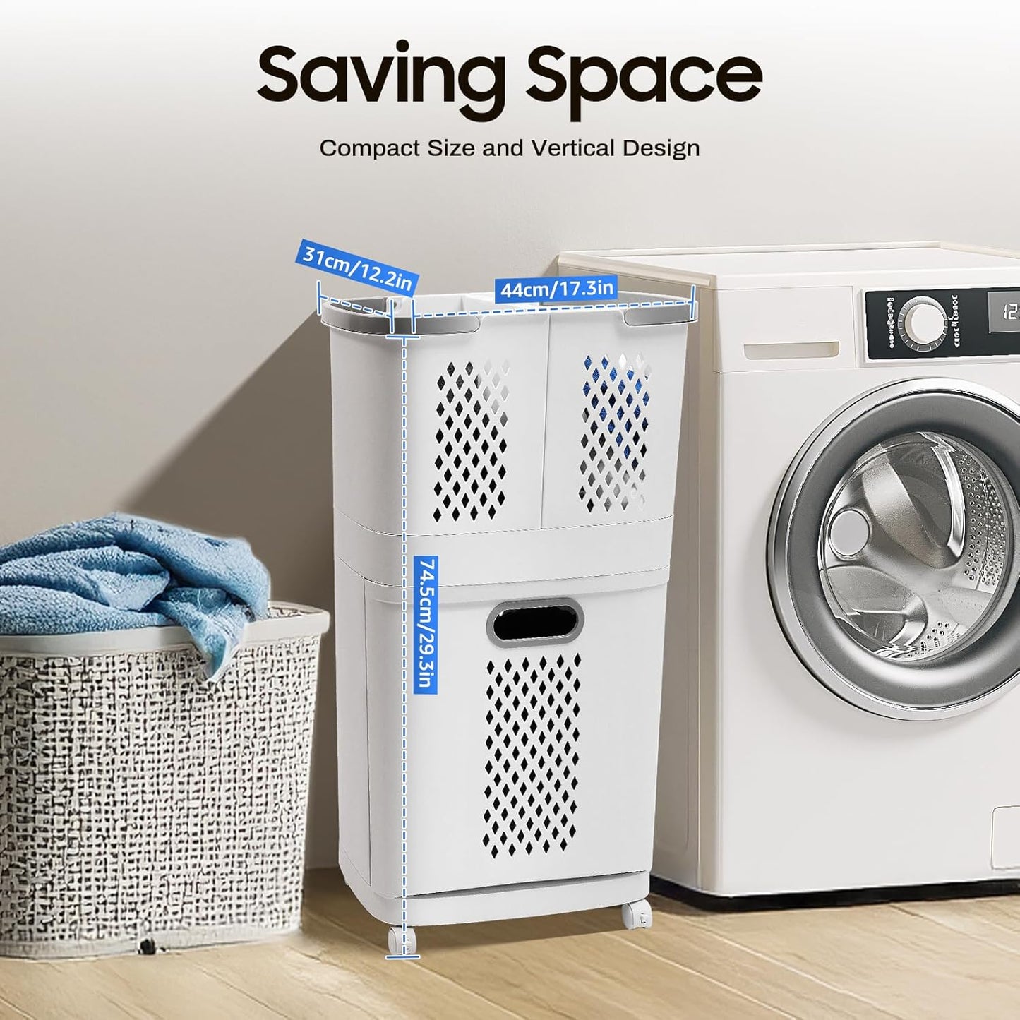 Removable Laundry Basket Organizer,3 Section Laundry Sorter with 4 Wheels,17.3×12.2×29.3in 2-Tier Divided Laundry Hamper with Wheels & Wall-Mountable Baskets,for Bedroom Laundry Room Bathroom