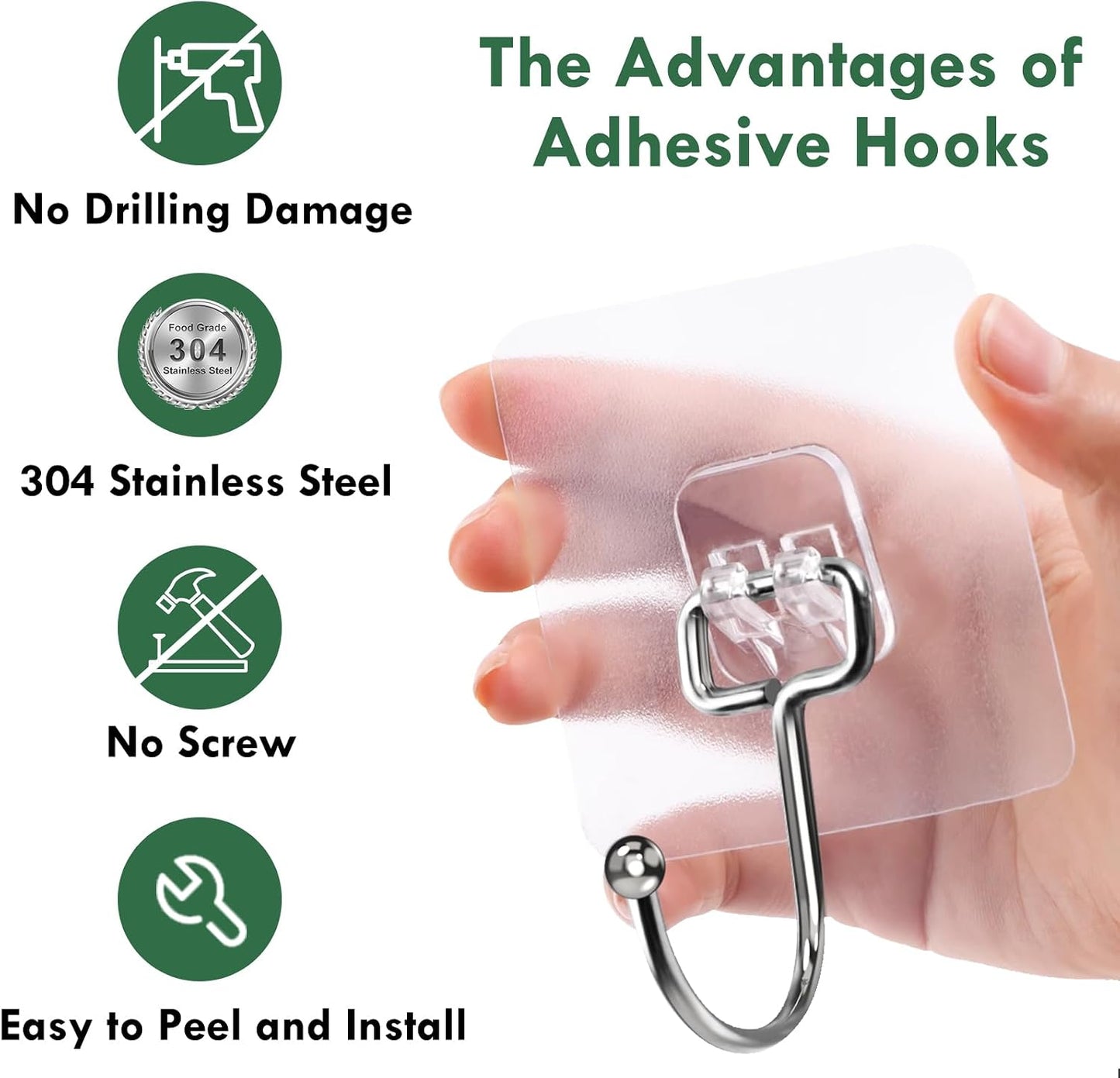 10 Pack Large Adhesive Hooks, Wall Hooks for Hanging Heavy Duty 22Ib(Max), Clear and Removable Strong Sticky Hooks, Waterproof and Rustproof Multiple Uses for Bathroom Kitchen Office