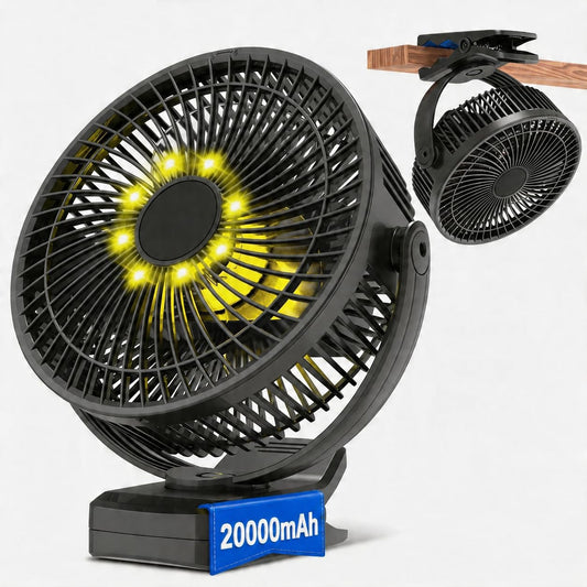 Meudeen 5000mAh Rechargeable Clip on Fan - 6 Inch Portable Fan - with Timer & LED Lantern - Battery Powered Golf Cart Fan - 5 Speeds Quiet Small Desk Fan for Camping - Stroller - Bedroom
