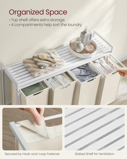 VASAGLE Laundry Hamper, Laundry Basket Sorter with 3 Pull-Out and Removable Bags, Shelf, Metal Frame, 3 x 10.6 Gallons (40 L), 36.4 x 13 x 28.4 Inches, Cappuccino Beige and Natural Beige UBLH301LH01