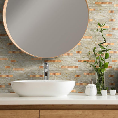 Yipscazo 2026 New Upgrade 11.34" X 11.57" Peel and Stick Backsplash, Stick on Backsplash Tiles for Kitchen, Bathroom, Fireplace (10 Sheets, Beige Rocks + Rose Gold)