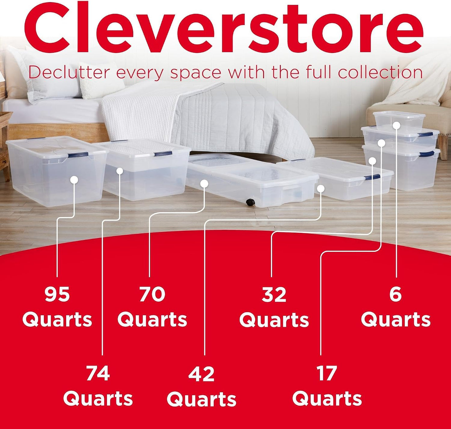 Rubbermaid Cleverstore 42 Quart Stackable Plastic Storage Bin with Lids for Garage, Closet, and Classroom, Clear, 4 Pack