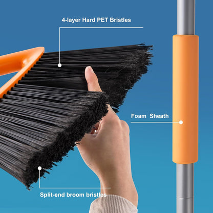 CLEANHOME Heavy Duty Outdoor Broom and Dustpan Set with Long Handle, Standing Dustpan & Split-End Bristles for Patio, Garage, Deck, Leaves Debris Cleaning