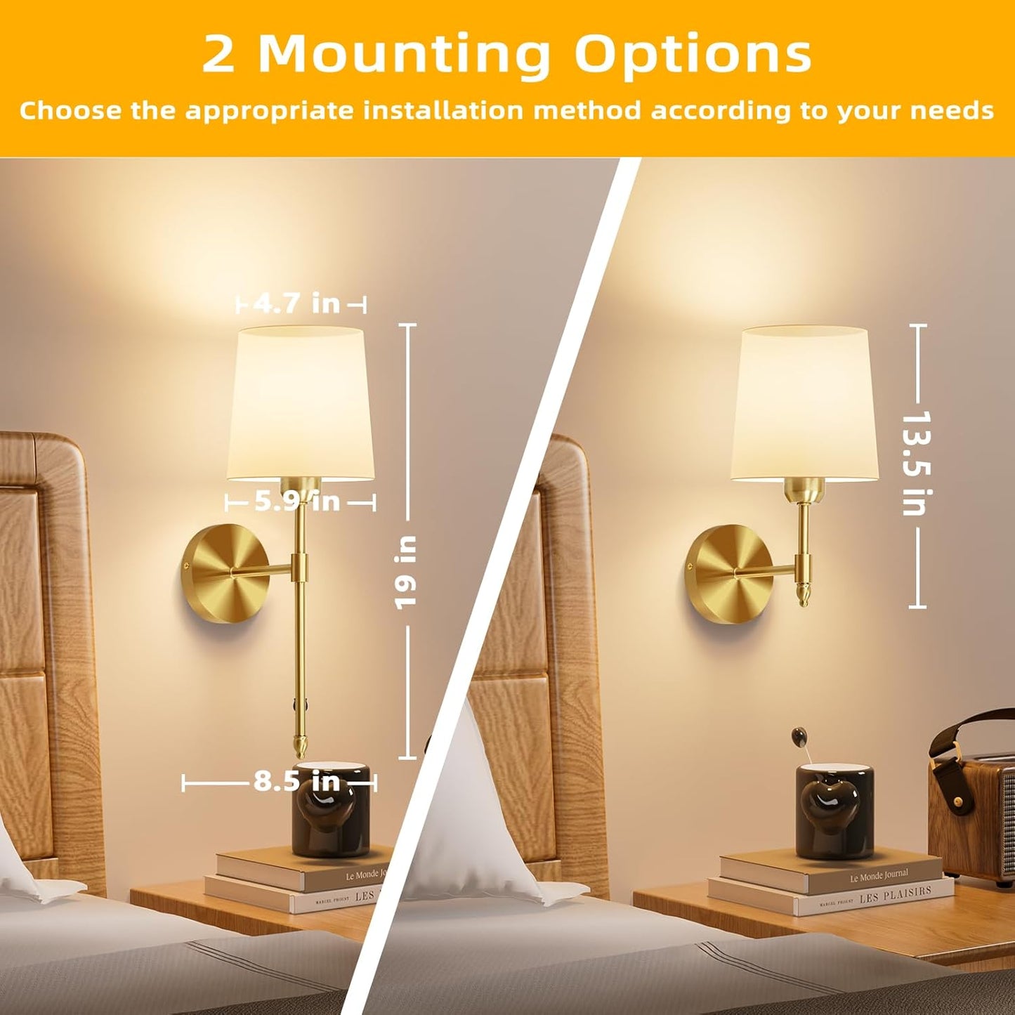 Ouyulong Battery Operated Wall Sconces Set of 2, Wireless Rechargeable Dimmable Wall Light with RGB Bulb and Remote for Bedroom, Living Room, Hallway (Gold)